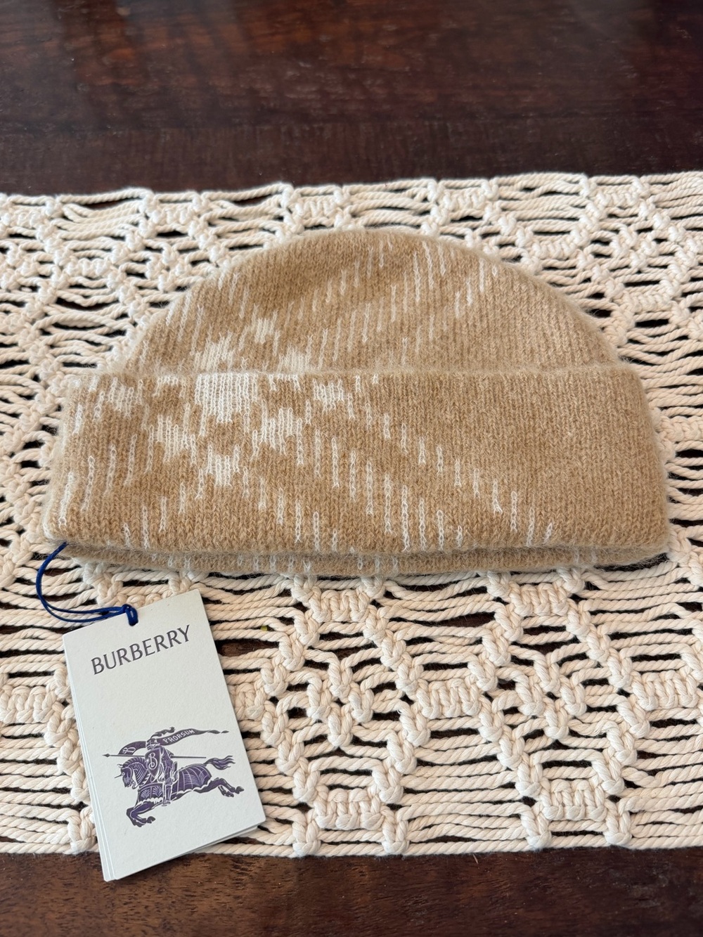 Burberry Mohair and Wool Check Beanie in Sand - One size - New with Tags